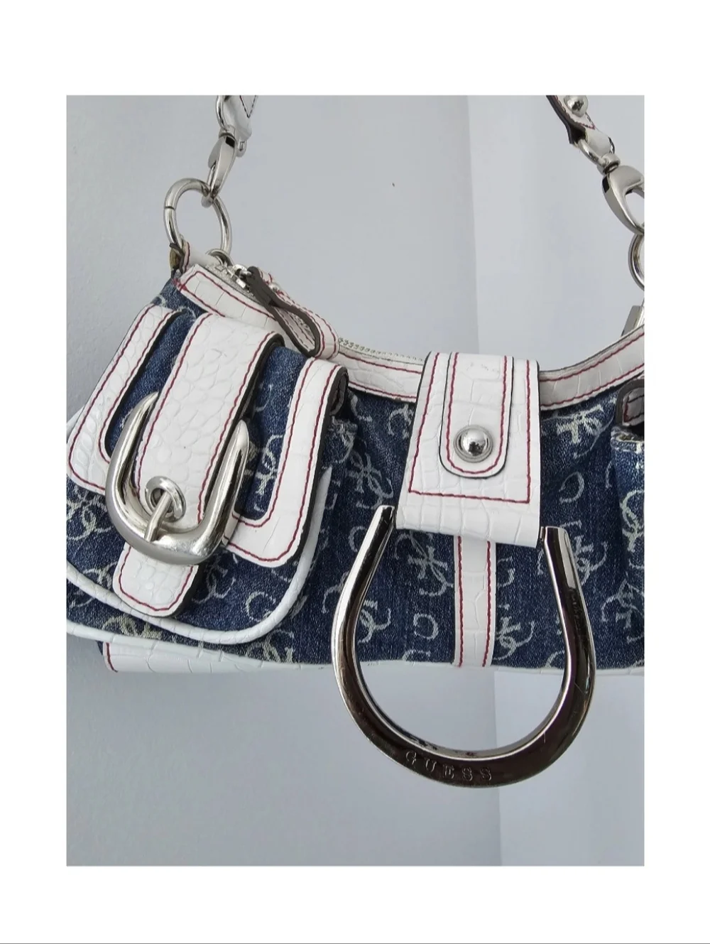 Guess Navy and White Monogram Shoulder Bag with Braided Top Handle - Picture 4 of 7